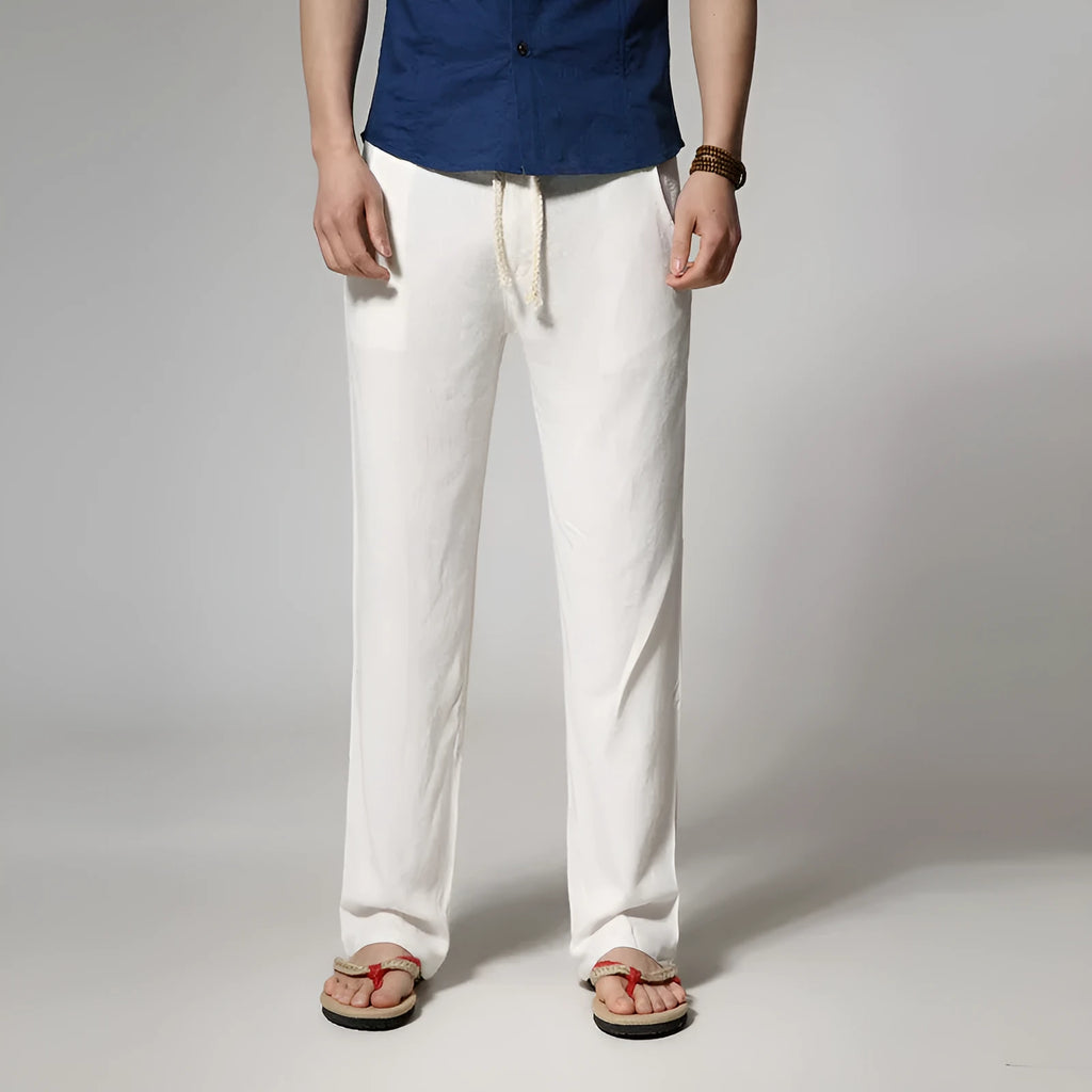 Men's straight leg casual trousers in a cotton linen blend, shown in a solid colour with a loose fit.