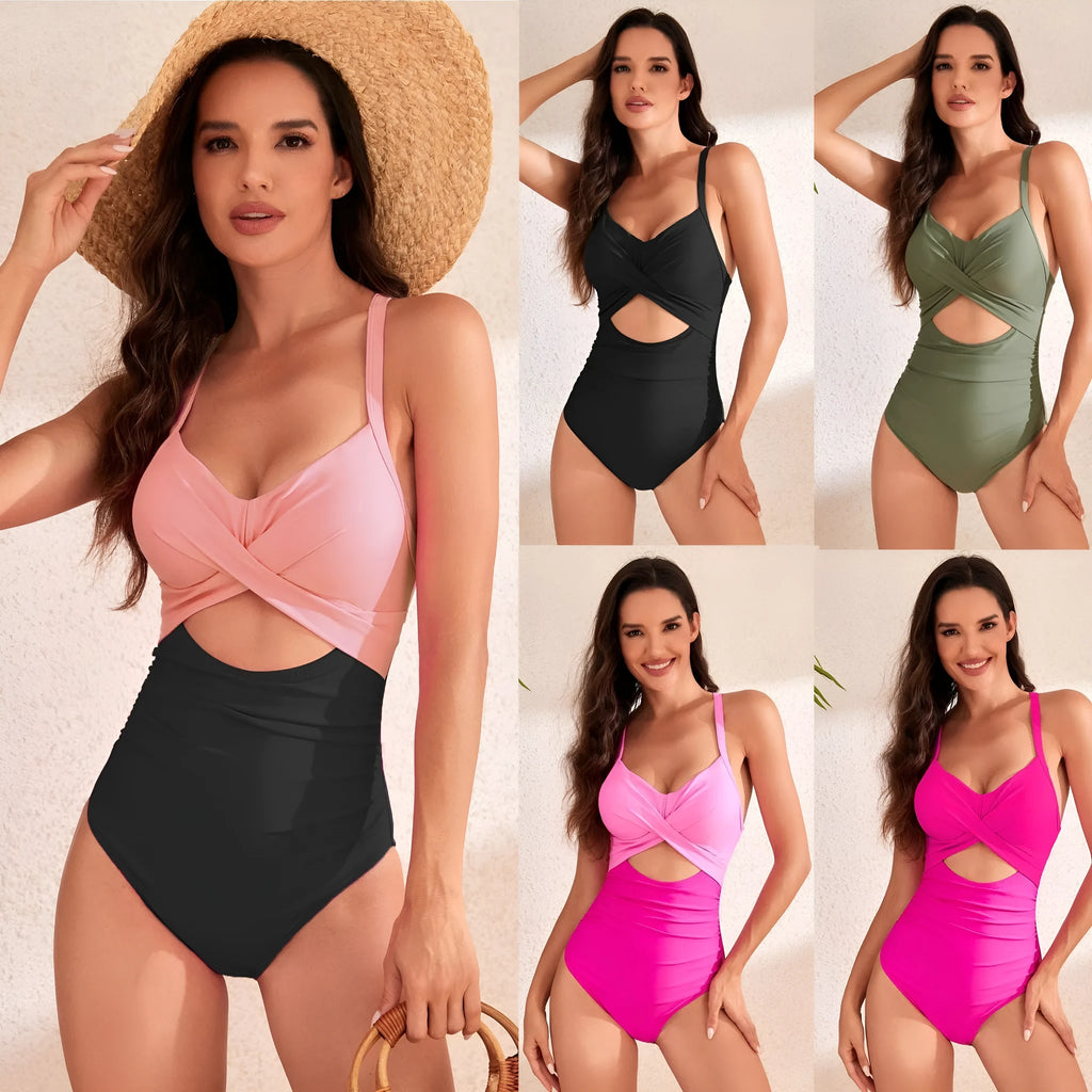 Women's high waist solid colour one-piece swimsuit on hanger, showing hollow cut and spandex lining.
