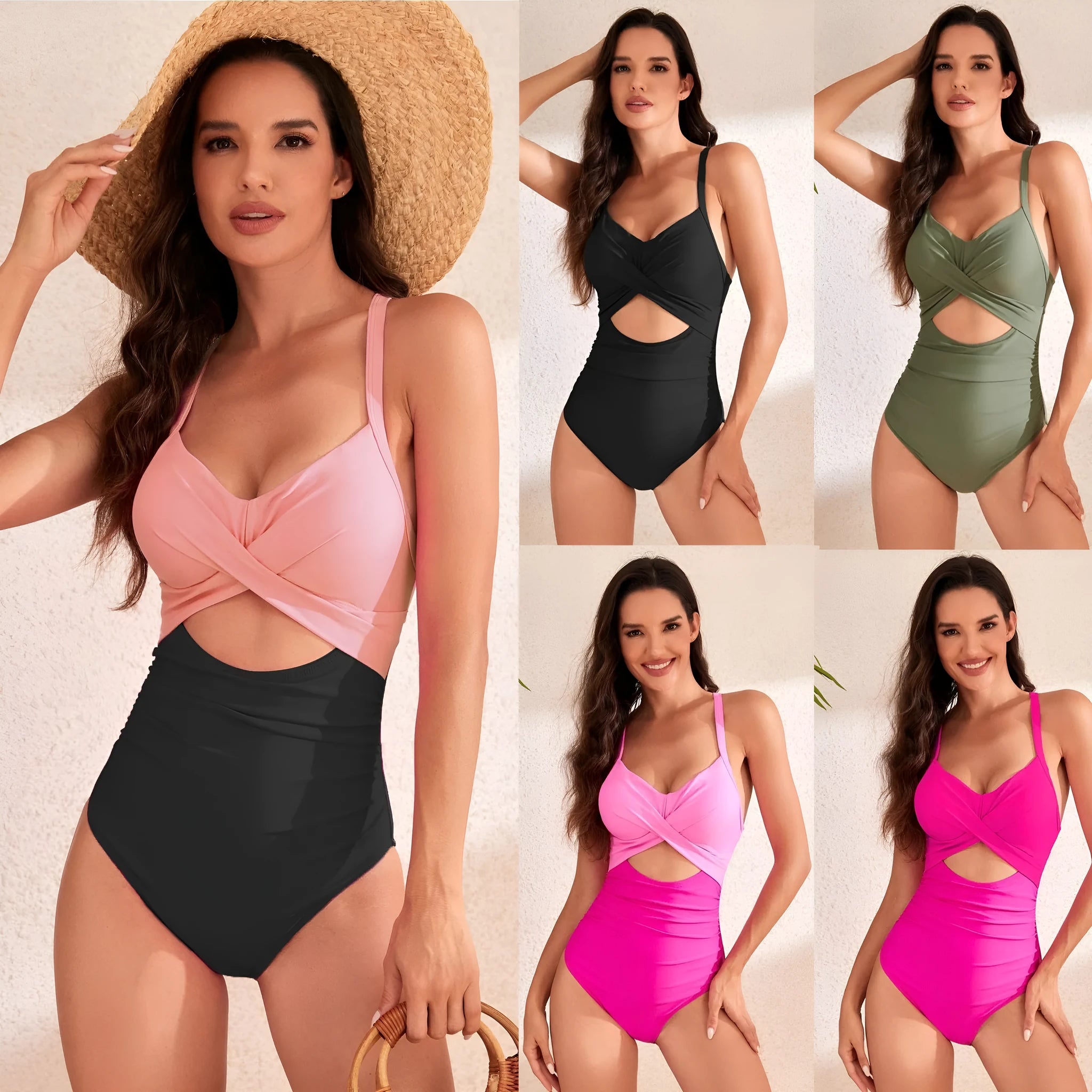 Women's high waist solid colour one-piece swimsuit on hanger, showing hollow cut and spandex lining.