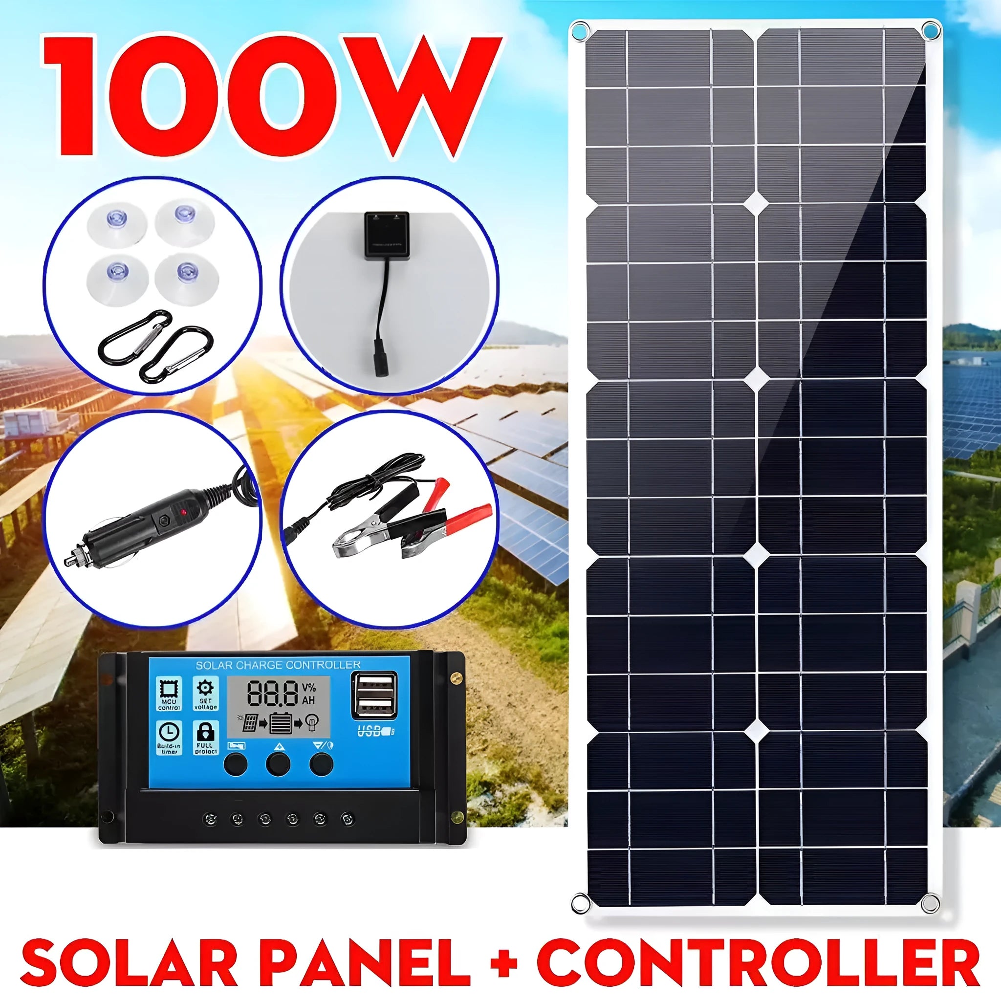 30W semi-flexible solar panel showing USB port and 18V output cable for outdoor charging.