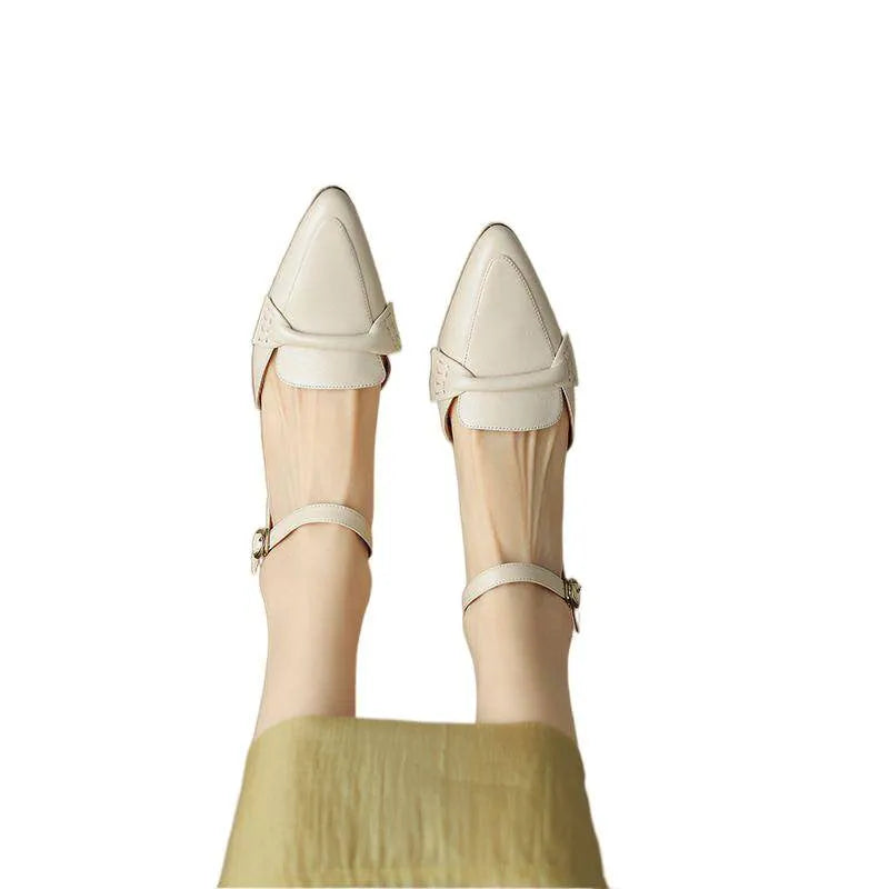 Pointed toe chunky heel retro closed toe women's sandals in apricot or milky white with sheepskin lining