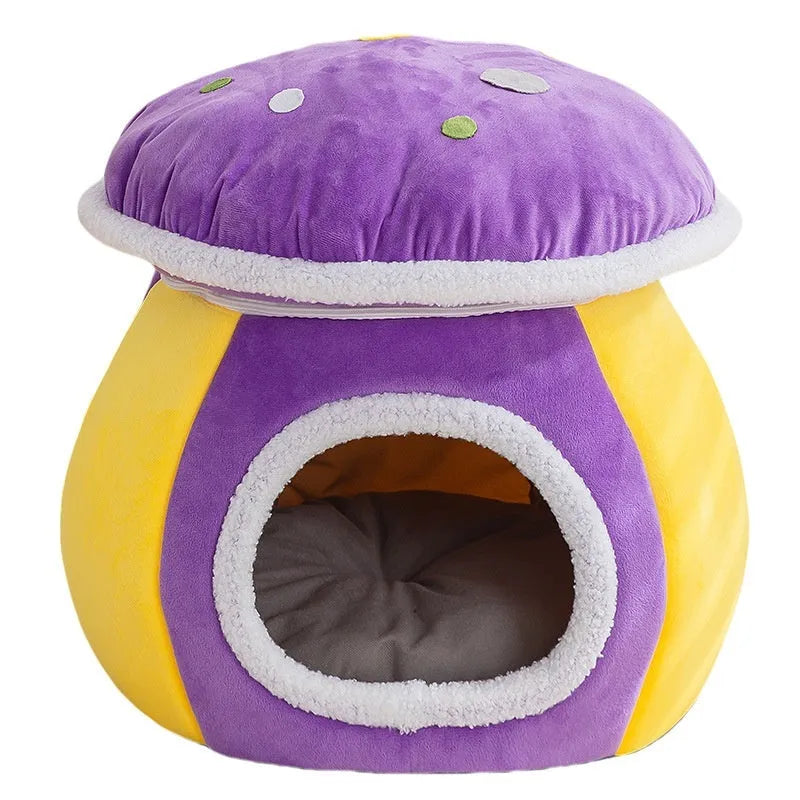 Mushroom-shaped cat nest with plush lining in grey, pink, or purple colours