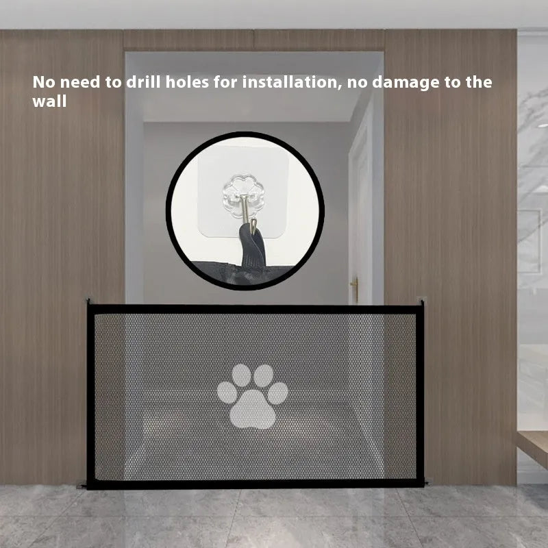 Portable punch-free dog barrier net fence showing cloth material with plastic rod construction and pet doorsill design