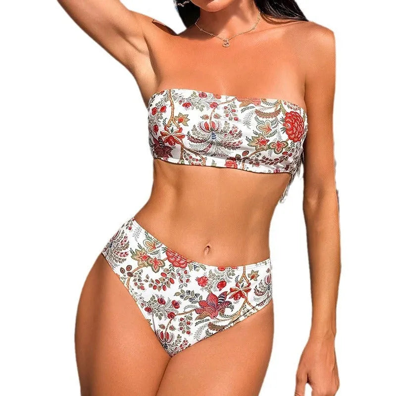 Women's printed bandeau swimsuit top with matching shorts on a mannequin