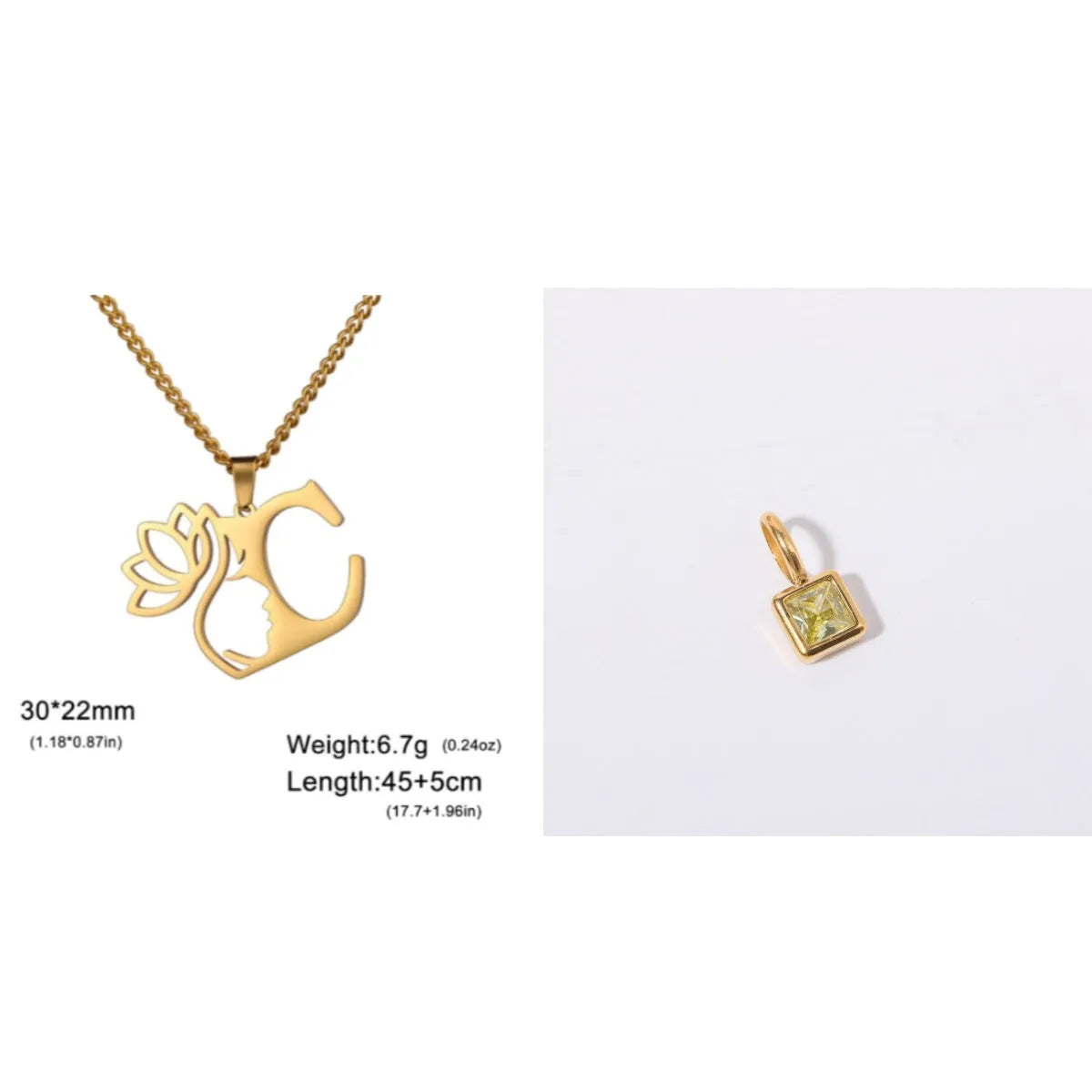 Stainless steel necklace with cross chain and a single initial pendant in a gold or silver finish.