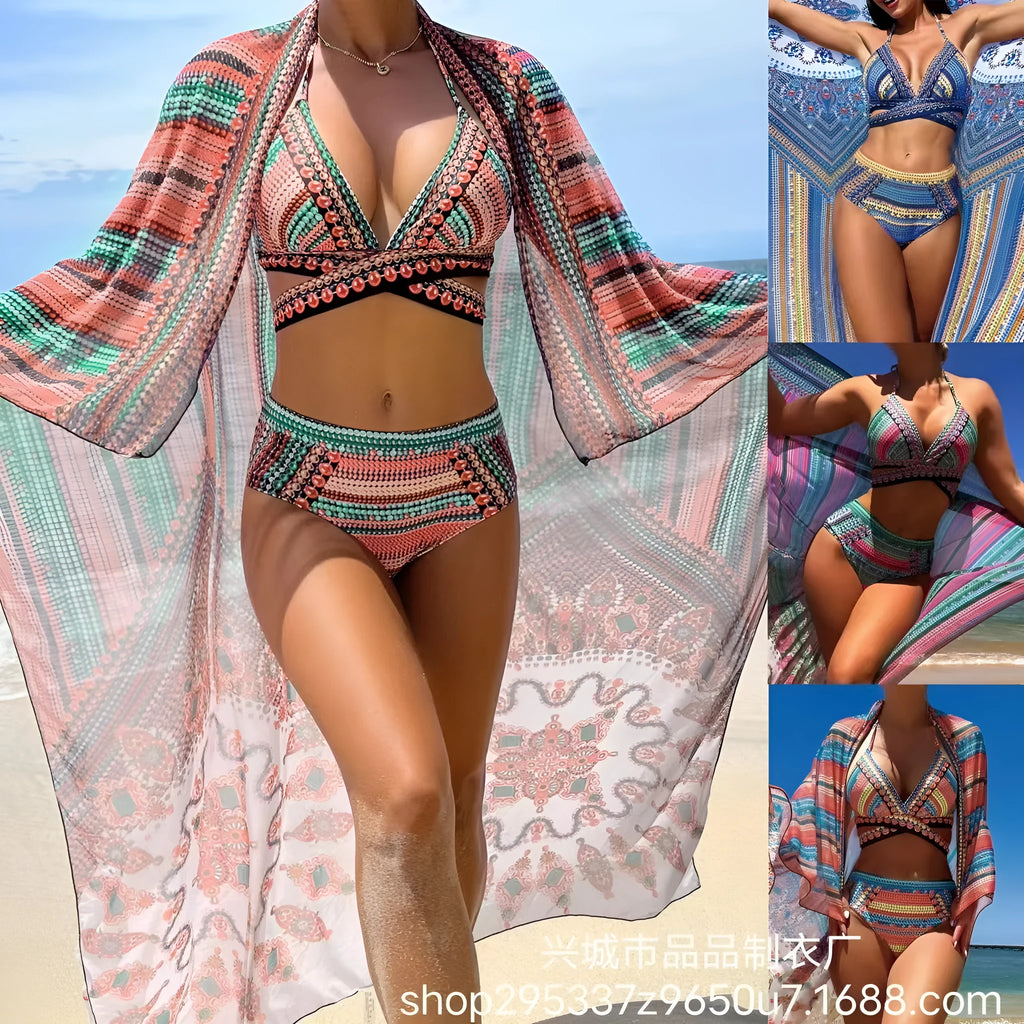 Women's retro ethnic split cross strap swimsuit bikini in polyester fabric