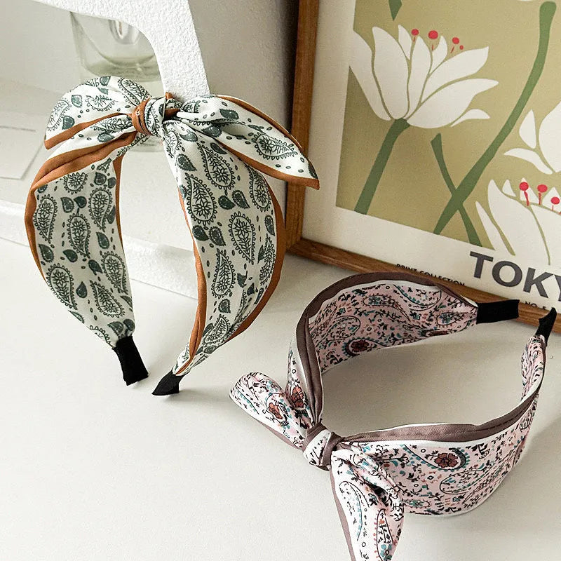 Handmade wide paisley fabric satin hair band for women in pink colour fashion OL style
