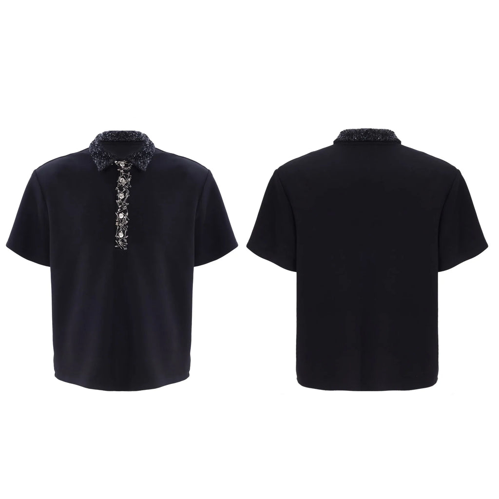 Men's square collar loose fit polo shirt in polyester short sleeve design