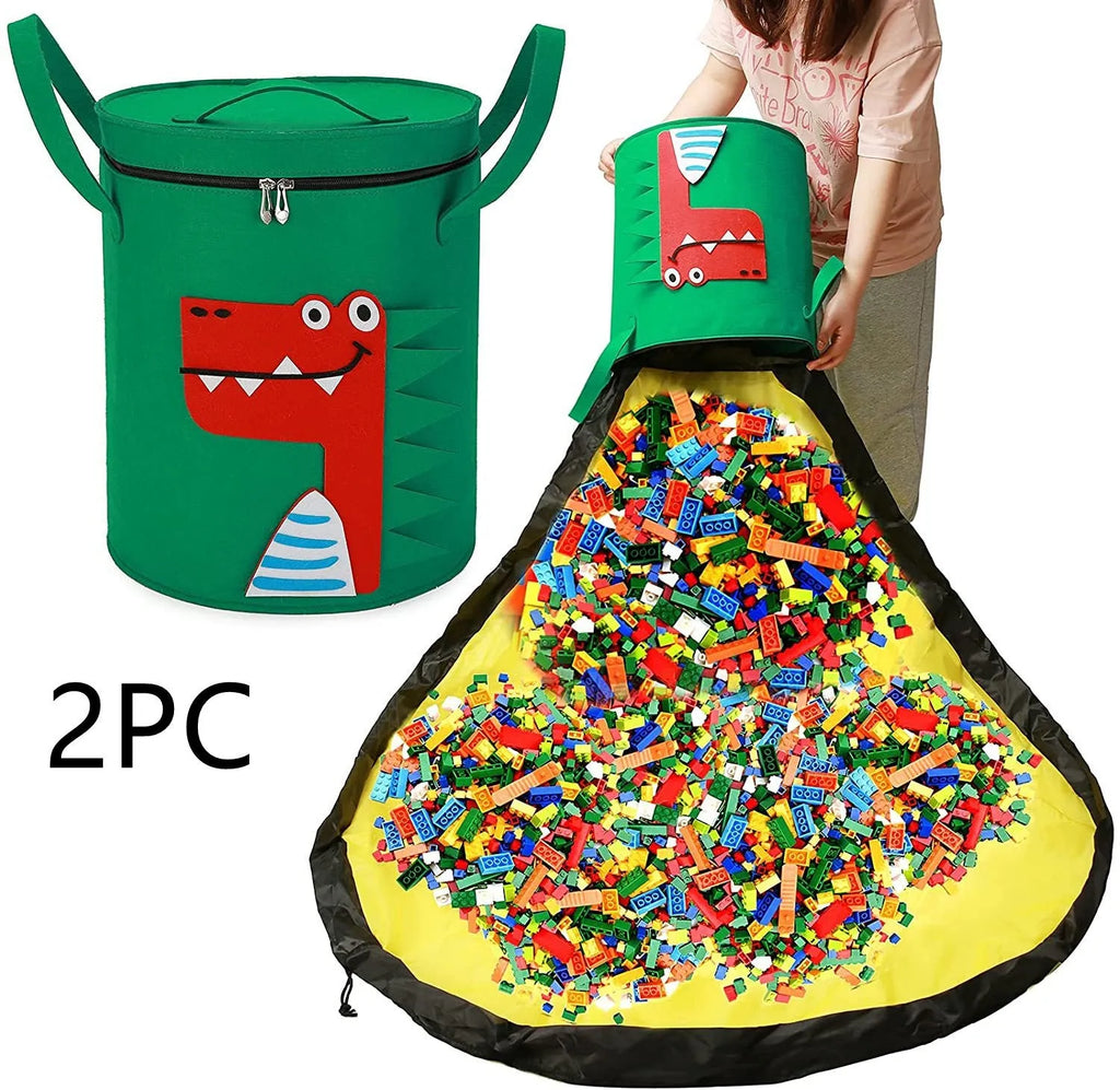 Green felt cube storage bag with pull rope closure shown as toy play mat