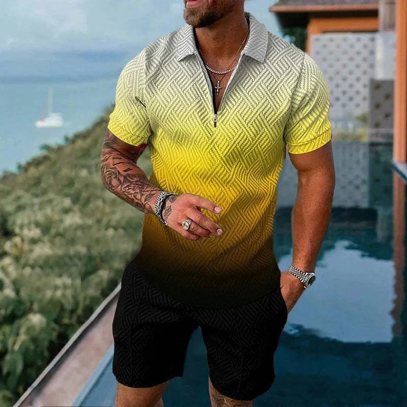 Men's summer mesh tracksuit set with short sleeve zip-up jacket and matching shorts in multiple colours