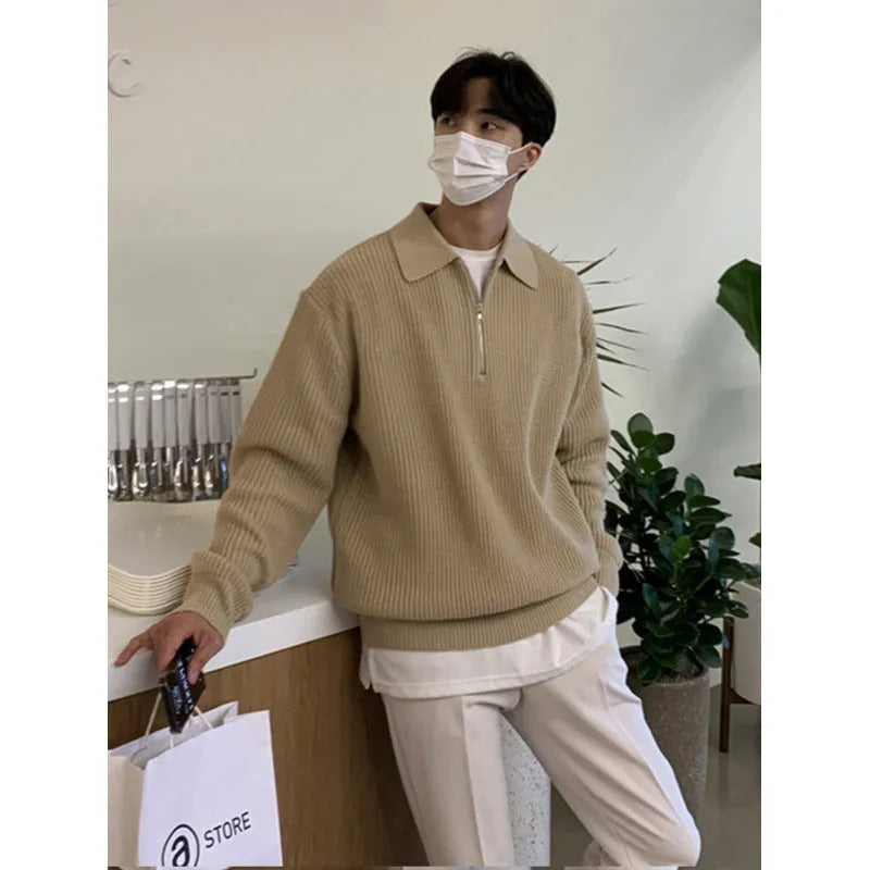 Long-sleeved solid colour sweater coat in polyester, available in khaki grey black
