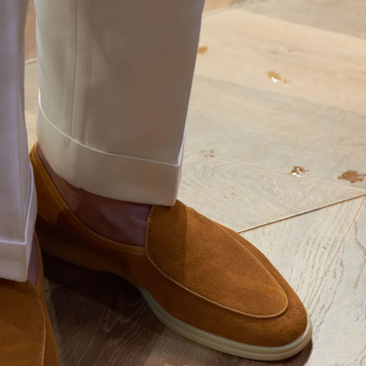 British handmade men's leather loafers in brown with a low-tube sock design and TPR sole.