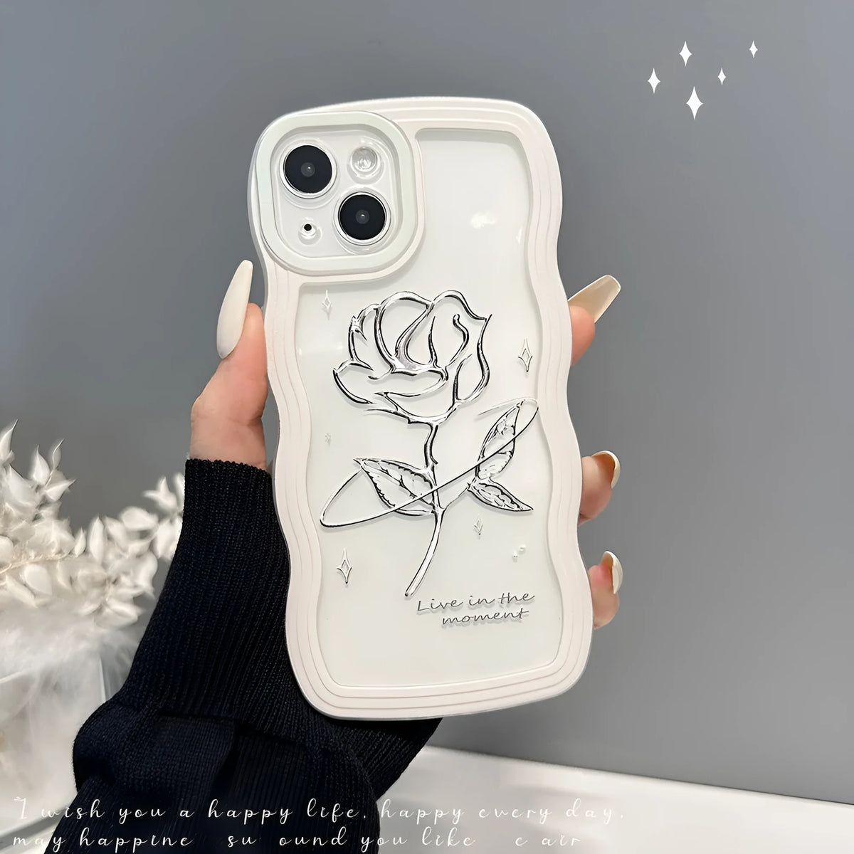 Clear black rose TPU phone case with big wave silicone texture for iPhone showing back view