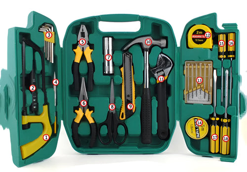 27-piece car emergency tool kit with malleable iron tools in a organised box