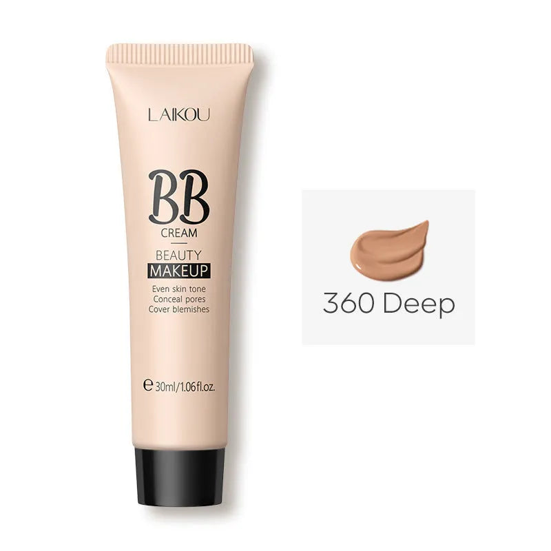 30ml tube of BB cream makeup shown with nine shade options from light to dark.