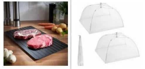 Black aluminium quick defrosting tray for thawing meat and frozen food without electricity.