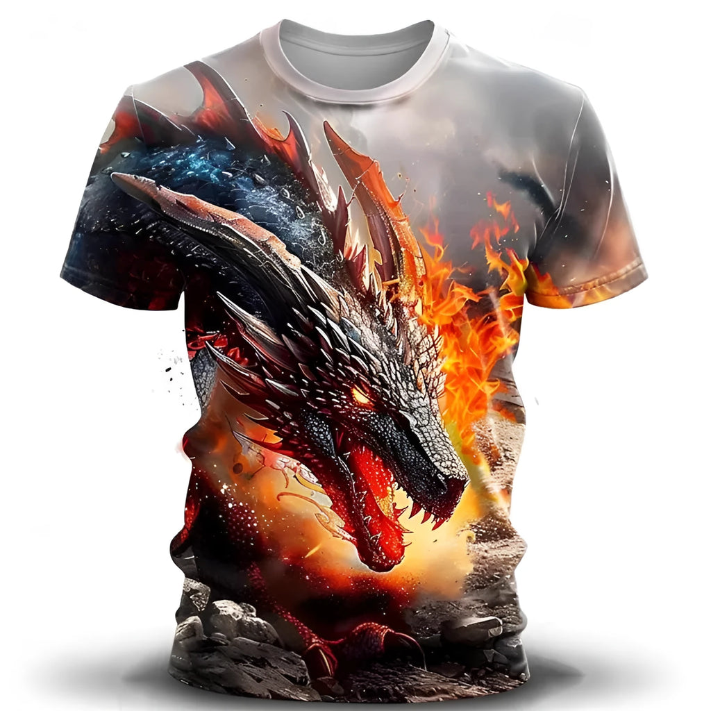 Men's grey T-shirt with a detailed 3D blue wind dragon print on the front.