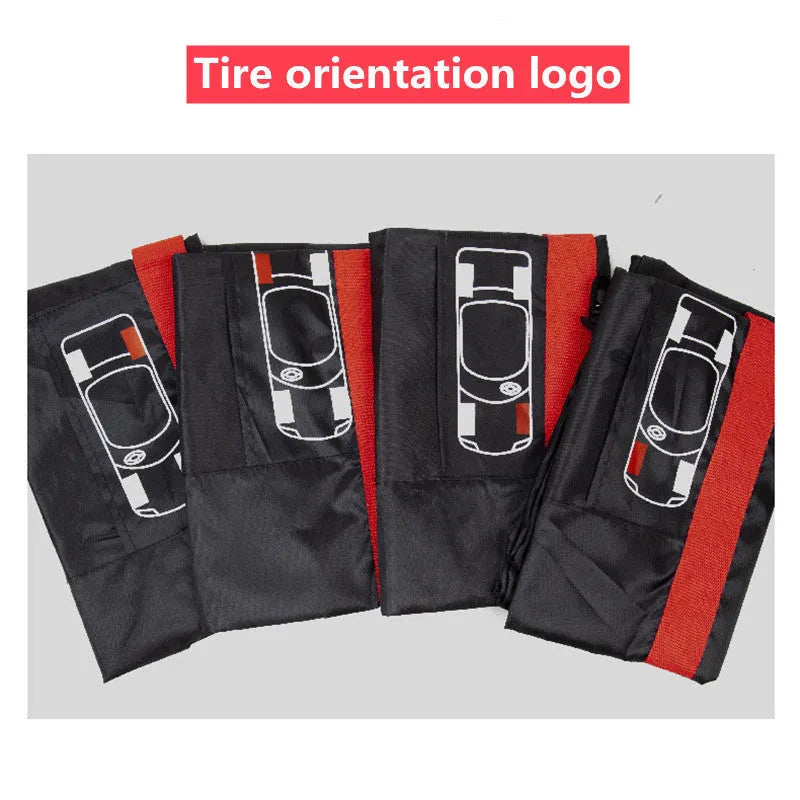 Set of four black Oxford cloth car tyre protective covers for parked vehicles.