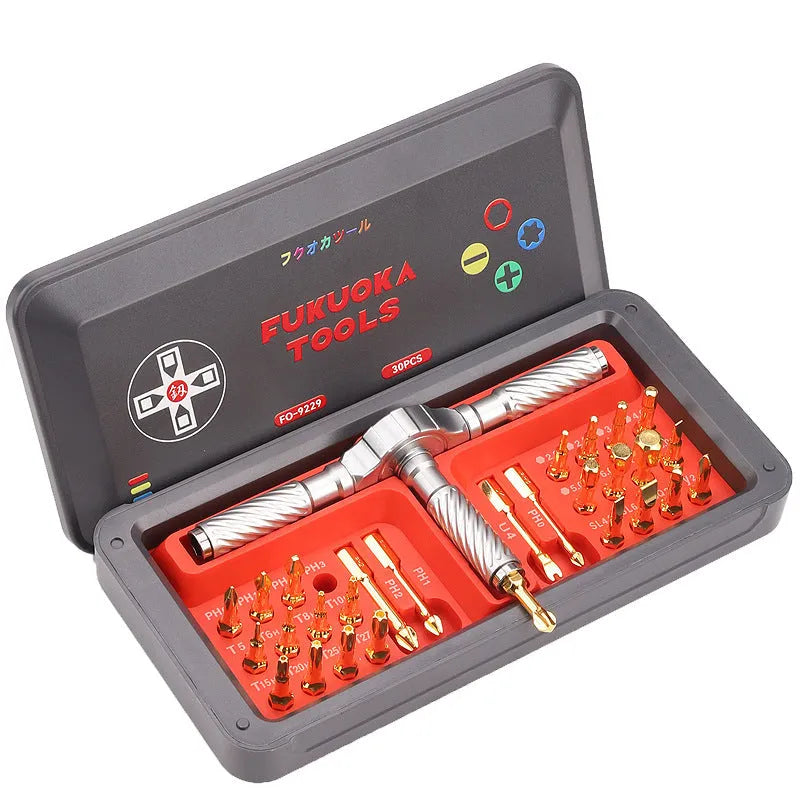30-piece ratchet screwdriver combination set with aluminium alloy handle and assorted bits