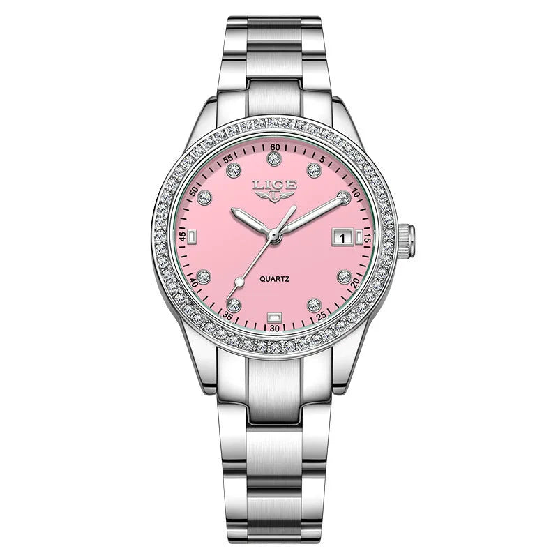 Women's silver fashion watch with diamond markers and luminous hands on stainless steel bracelet