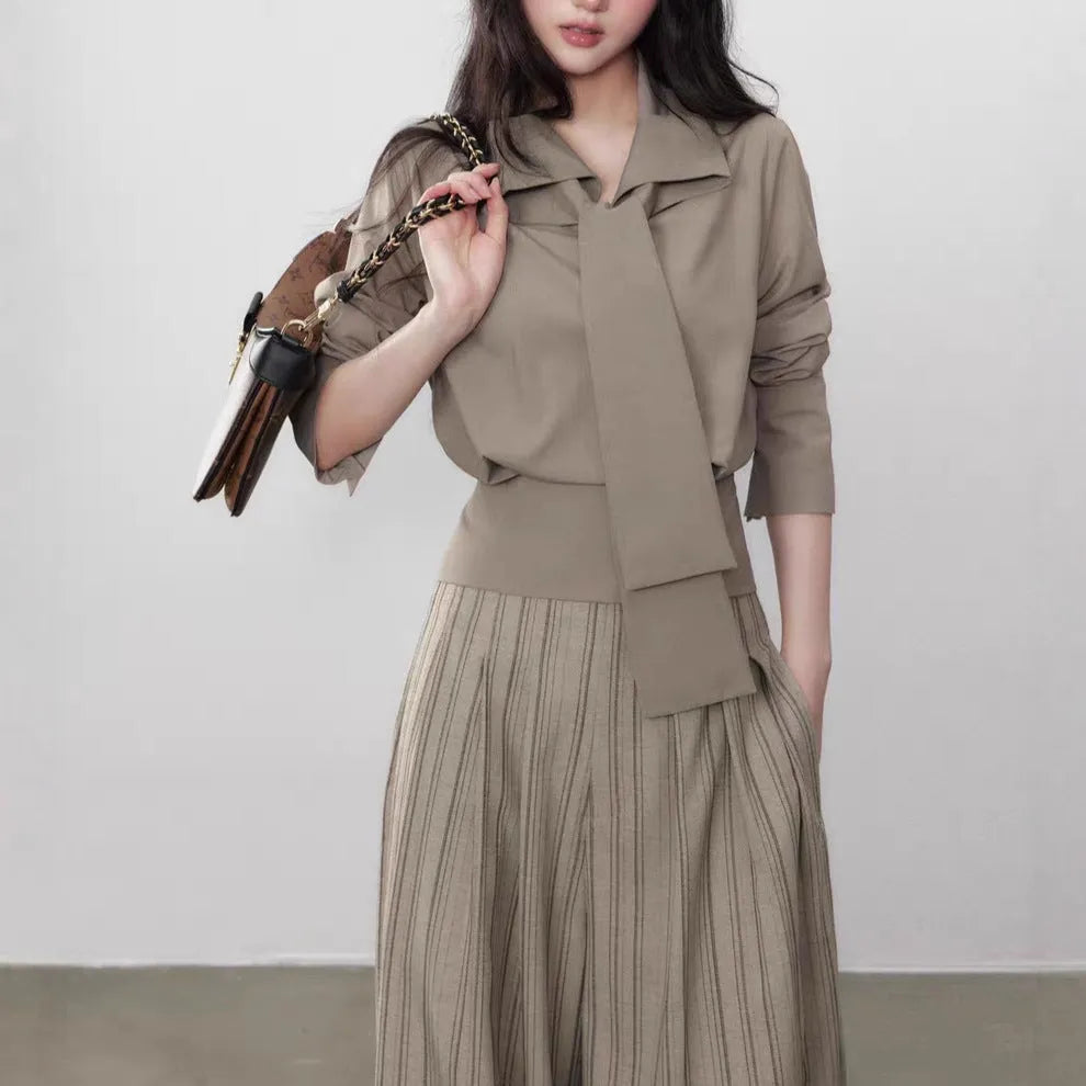Solid colour lace-up long-sleeved polyester shirt for women regular fit commute style shirt colour