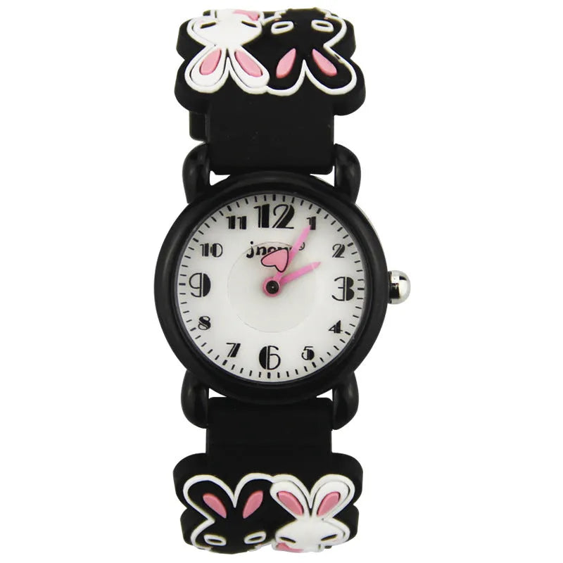 Rabbit quartz watch for kids with black PC case and plastic strap, 27x9mm case size