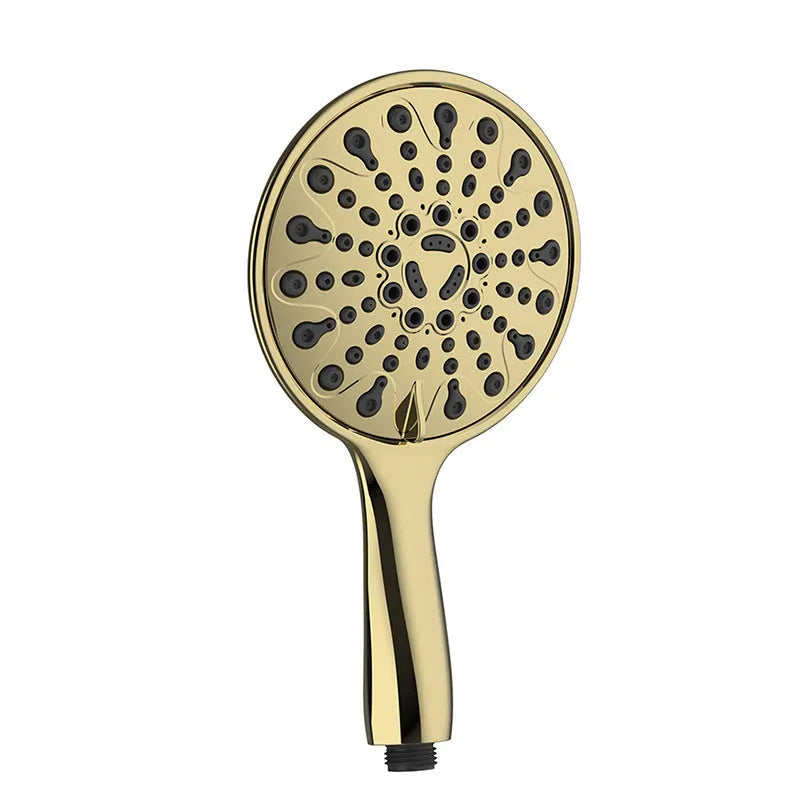 Handheld shower head with electroplated finish showing six-function selector