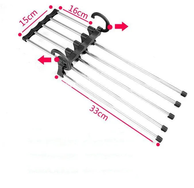 Black stainless steel five-boom trouser hanger showing level and vertical hanging options.