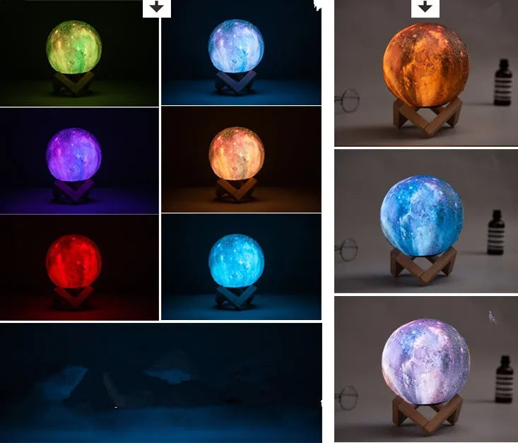 3D-printed sphere lunar night light on a base with a remote control.