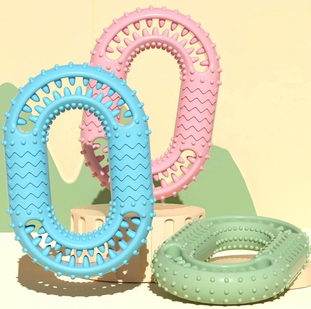 Blue green pink O-ring dog chewing toy for aggressive chewers measuring 12.5cm