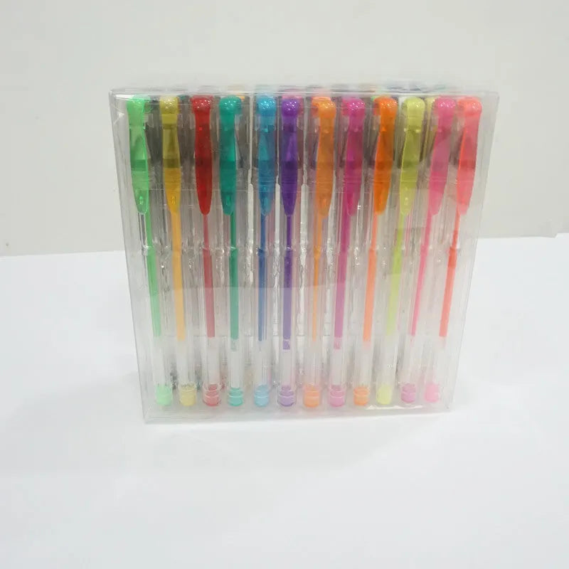 Set of 100 assorted colour gel pens with plastic bodies, showing 0.5mm and 1mm tip options.
