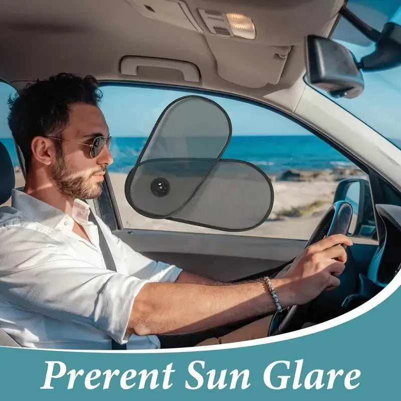 Black breathable car window shade with suction cups attached to a car side window for baby sun protection