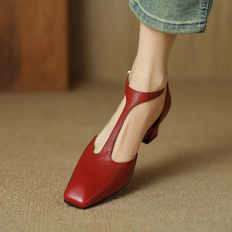 Women's wine red retro square toe chunky heel sheepskin leather shoes with buckle fastening