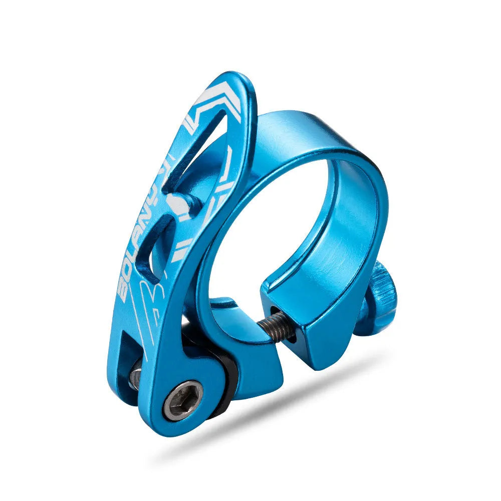 Aluminium alloy bicycle seat post clamp in black, shown next to red, blue, and gold colour options.