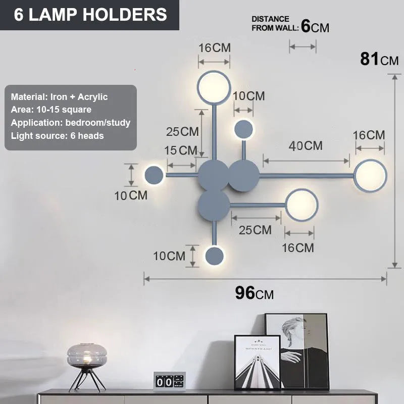 Contracted bedroom wall lamp iron acrylic 6-head 54W 96.5cm wide mounted on wall in black finish