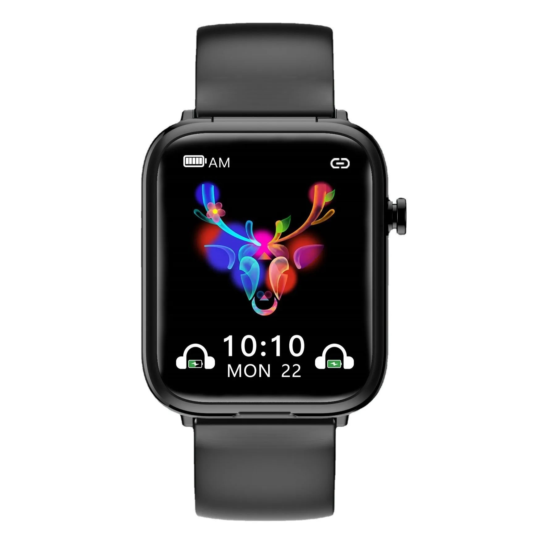 Black smartwatch with Bluetooth headset on wrist showing 1.69-inch touchscreen display.