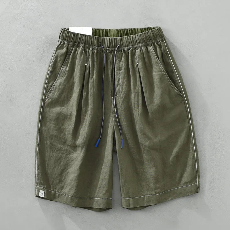 Men's linen casual shorts with loose straight-leg drooping style in black or green colours