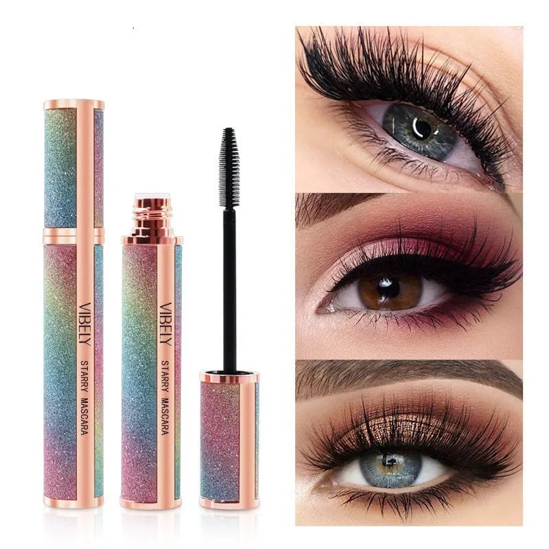 Black waterproof mascara wand with thick curling formula in English packaging