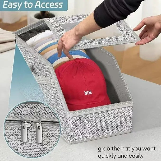 Grey foldable and stackable woven fabric storage box with lid for organisation.