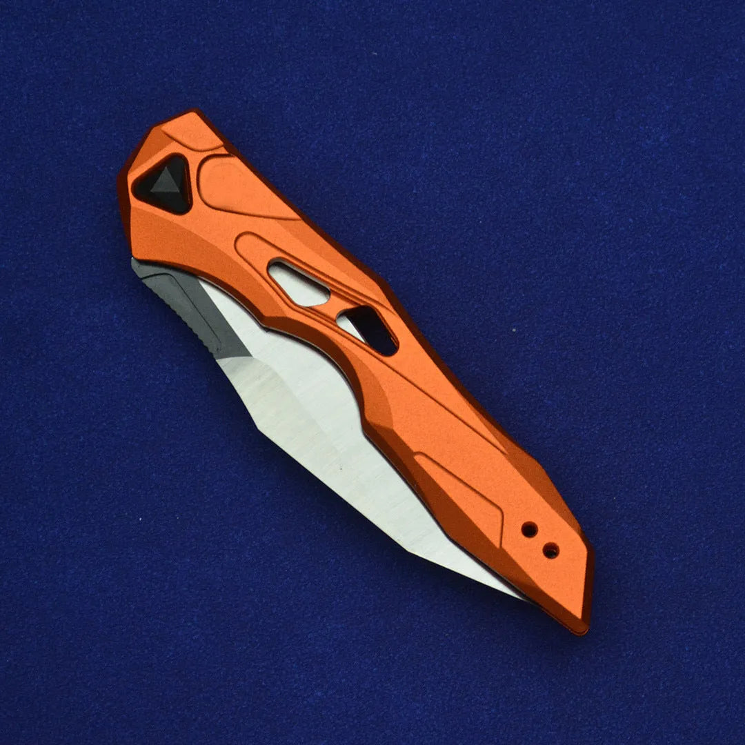 Black folding fruit knife with D2 steel blade and aviation aluminium handle shown open