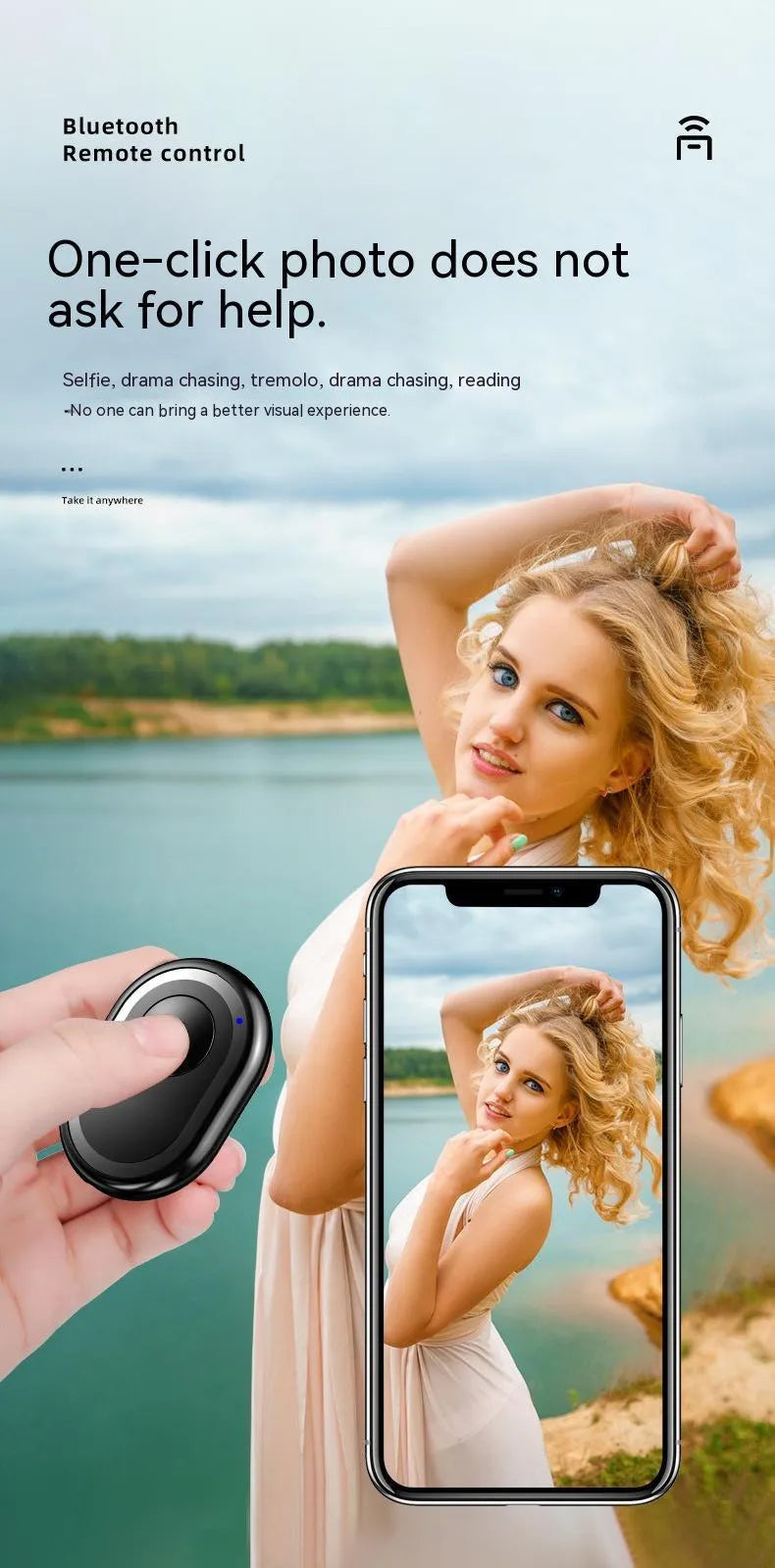 Wireless Bluetooth photo remote control in black, pink, or purple colours showing compact size