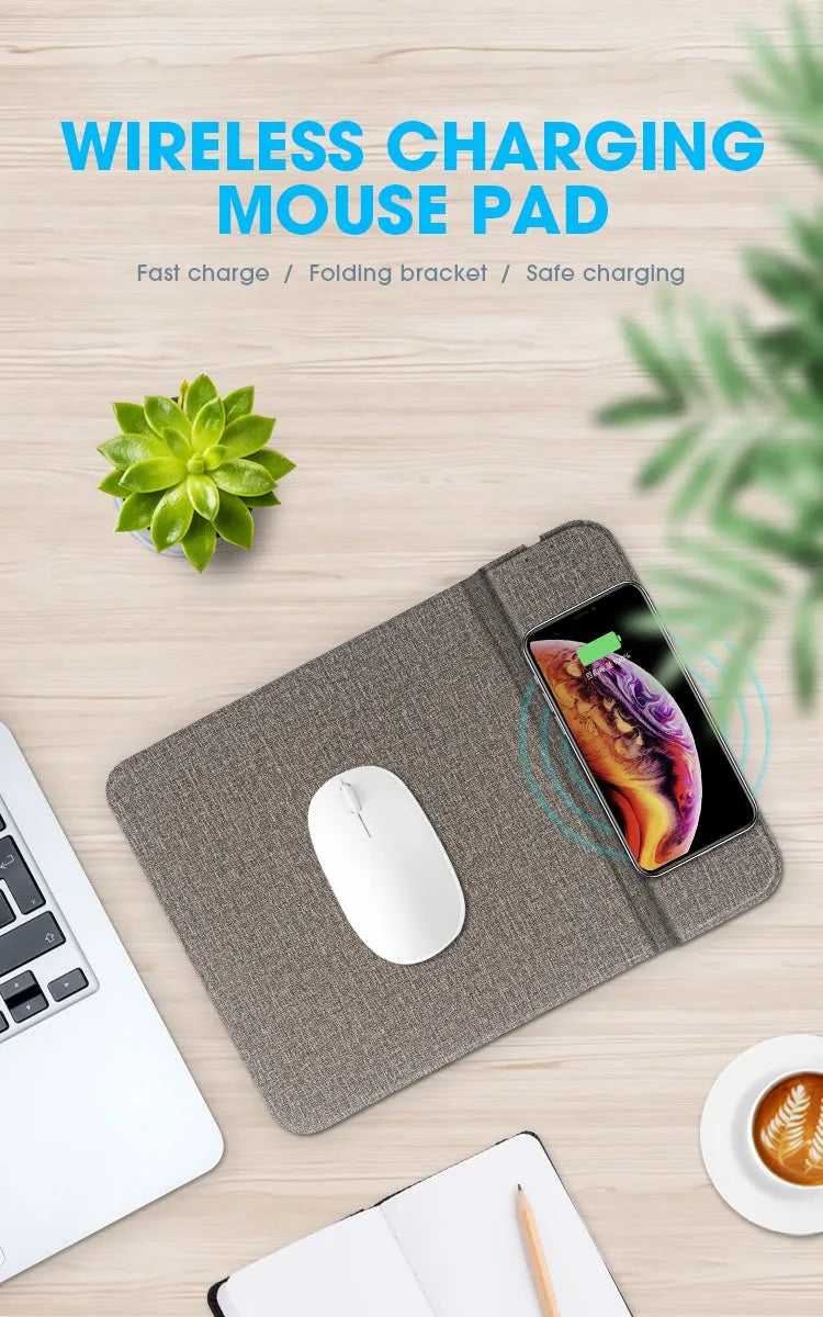 Black foldable cloth phone holder open and showing wireless charging pad.