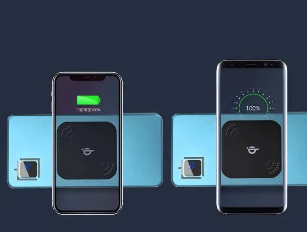 Silver alloy portable power bank with LCD display showing battery percentage.