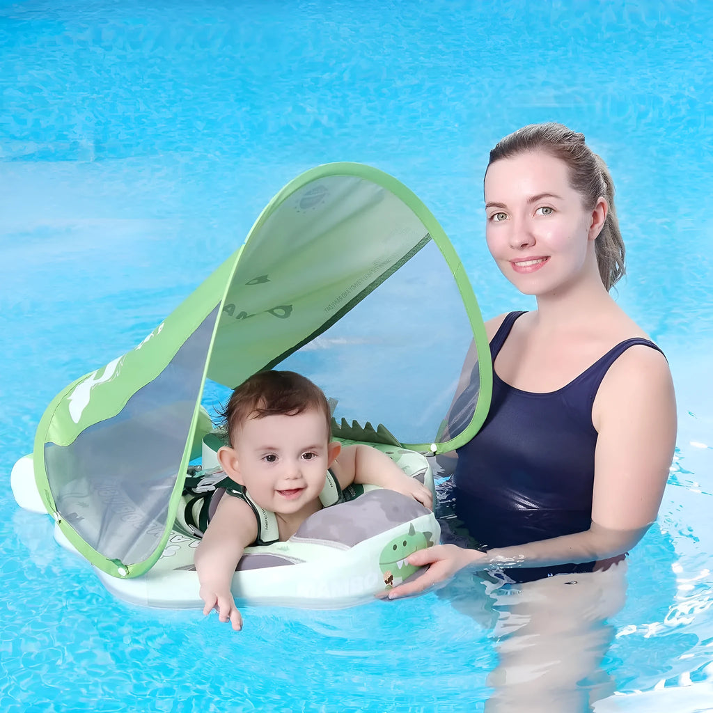 Avocado green dinosaur baby swimming ring with sun shade inflatable float for toddlers