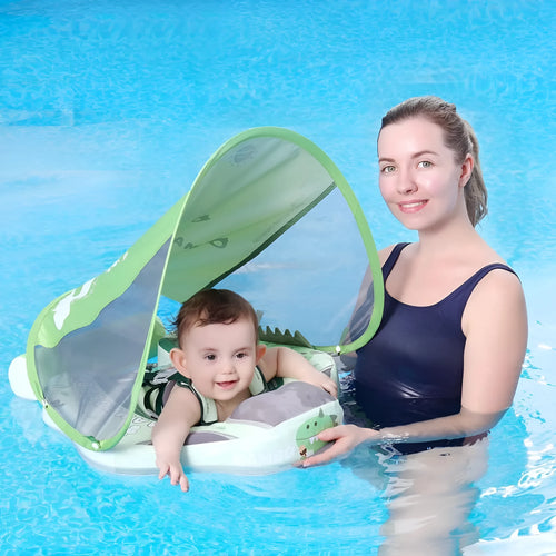 Avocado green dinosaur baby swimming ring with sun shade inflatable float for toddlers