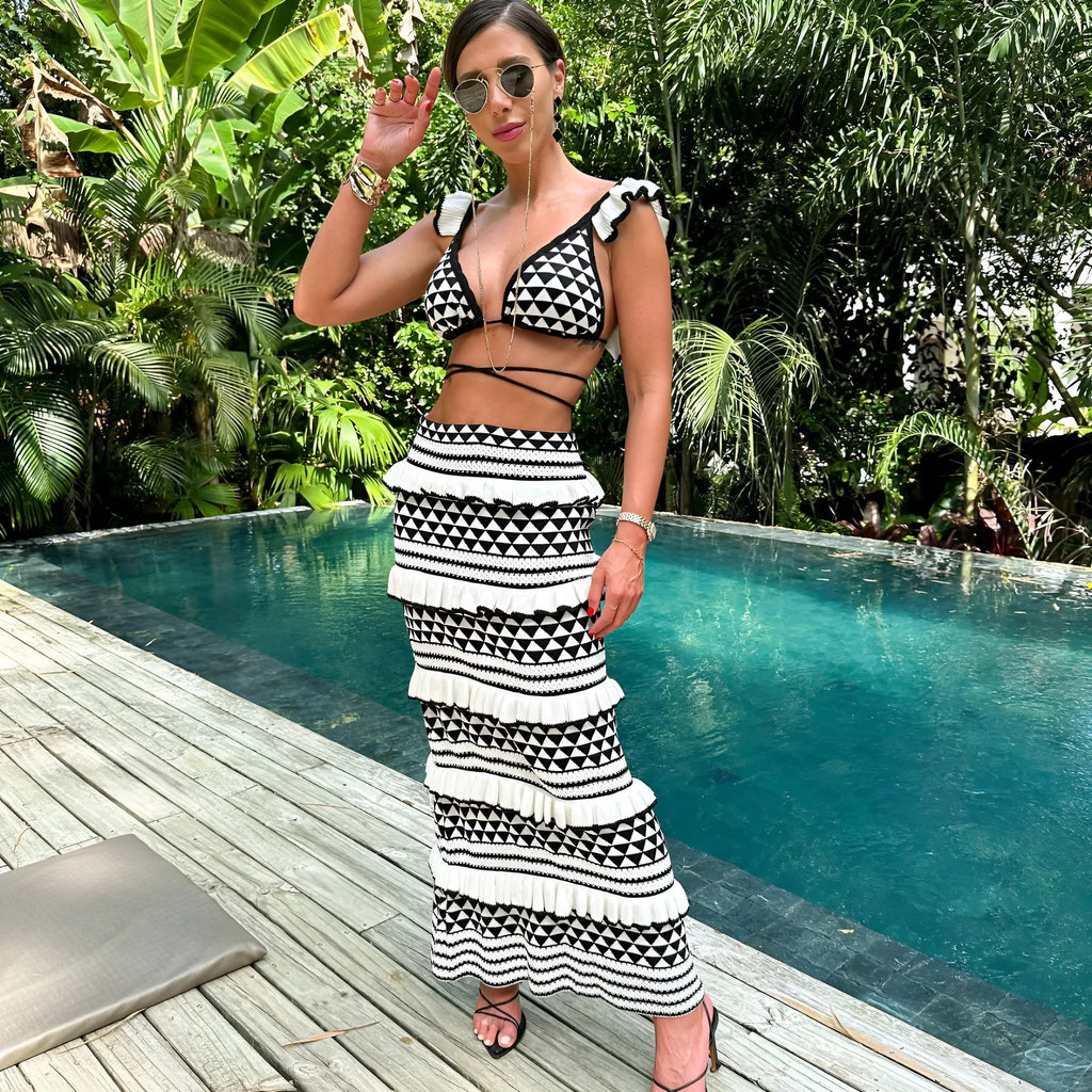 Women's black and white striped cotton bikini set with ruffled top and long knitted skirt
