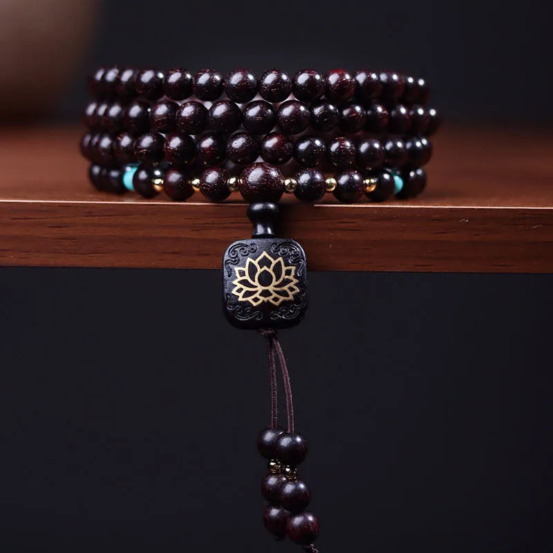 Zambia rosewood Buddha beads bracelet with 108 wooden beads and flat lotus pendant