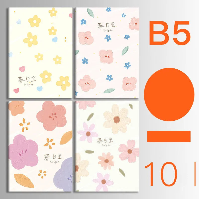 Pack of ten thread-bound A5 and B5 softcover notebooks showing multiple design styles including kraft paper and illustrated covers.