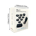 Black ten-in-one set of external clip-on camera lenses for mobile phones on a table.