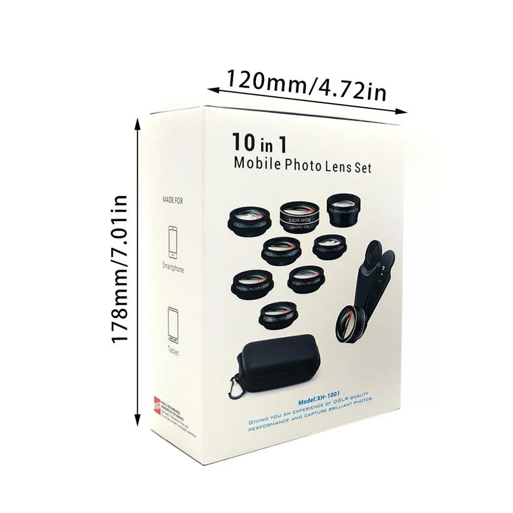 Black ten-in-one set of external clip-on camera lenses for mobile phones on a table.
